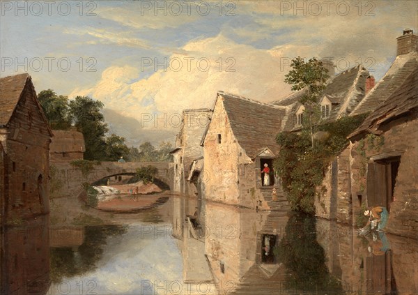 Cottages by a River Signed in brown paint, lower right: "WL [....]", William Linton, 1791-1876, British