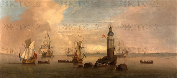 The Opening of the First Eddystone Lighthouse in 1698 Signed in white paint (on rock), lower center: "P. Monamy", Peter Monamy, 1681-1749, British