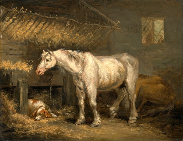 Old horses with a dog in a stable, George Morland, 1763-1804, British