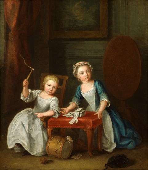 Children at Play, Probably the Artist's Son Jacobus and Daughter Maria Joanna Sophia Portrait of two children, probably Maria Joanna Sophia and Jacobus Nollekens Two Children of the Nollekens Family, probably Jacobus and Maria Joanna Sophia, Playing with a Top and Playing Cards, Joseph Francis Nollekens, 1702-1748, Flemish