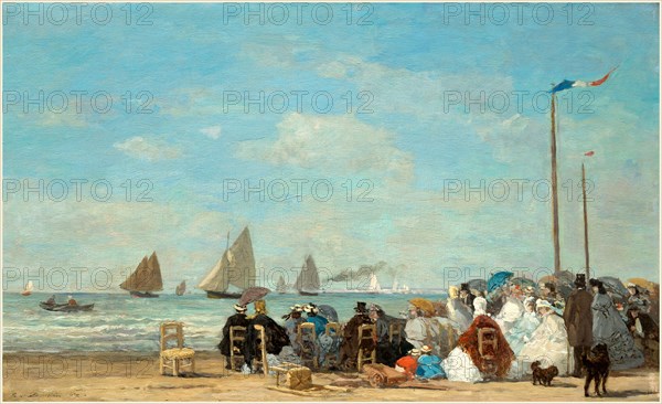 EugÃ¨ne Boudin, French (1824-1898), Beach Scene at Trouville, 1863, oil on wood