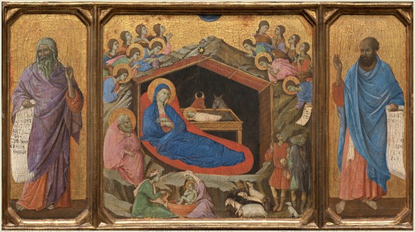 Duccio di Buoninsegna, Italian (c. 1255-1318), The Nativity with the Prophets Isaiah and Ezekiel, 1308-1311, tempera on single panel