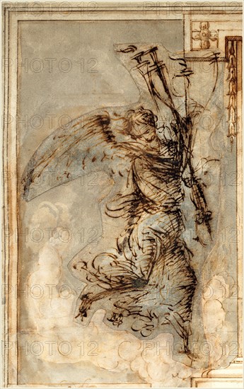 Filippino Lippi, Italian (1457-1504), An Angel Carrying a Torch, c. 1500-1504, pen and brown ink and gray wash on laid paper