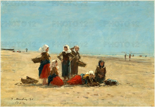 EugÃ¨ne Boudin, Women on the Beach at Berck, French, 1824-1898, 1881, oil on wood