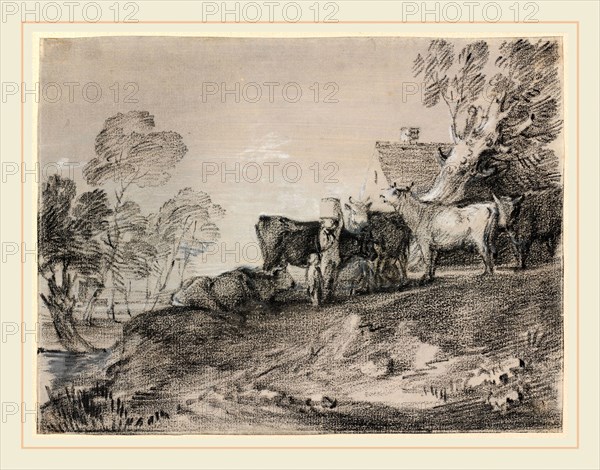 Thomas Gainsborough, Landscape with Cattle by a Cottage, British, 1727-1788, late 1770s, black and white chalk on gray prepared laid paper