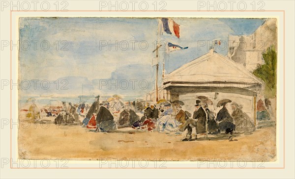 EugÃ¨ne Boudin, Beach House with Flags at Trouville, French, 1824-1898, c. 1865, watercolor over graphite
