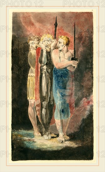 William Blake, The Accusers of Theft, Adultery, Murder (War), British, 1757-1827, c. 1794-1796, color-printed etching