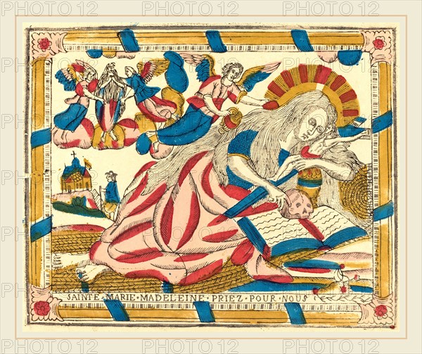 French 19th Century, Saint Mary Magdalene Pray for Us, c. 1820, hand-colored woodcut on laid paper