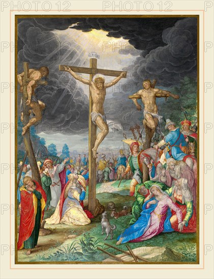 Friedrich Brentel after Aegidius Sadeler II after Christoph Schwarz, The Crucifixion, German, 1580-1651, 1627, gouache heightened with gold on vellum