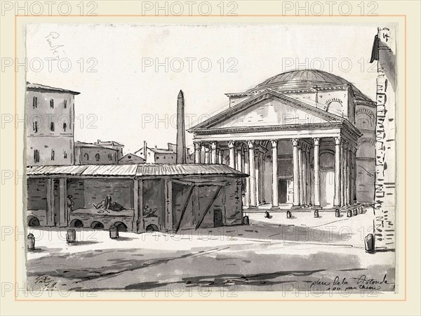 Jacques-Louis David, The Pantheon Seen from the Piazza, French, 1748-1825, 1775-80, black ink and gray wash over graphite on laid paper