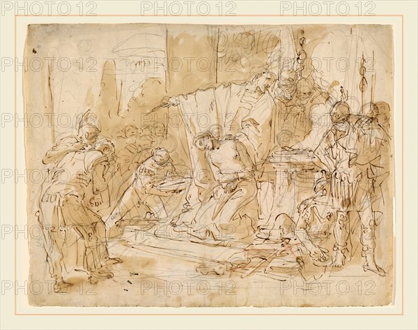 Giovanni Battista Tiepolo, Italian (1696-1770), The Sacrifice of Iphigenia (recto)-Study of a Male Nude (verso), c. 1726, pen and brown ink with brown wash over black chalk and touches of red chalk on laid paper