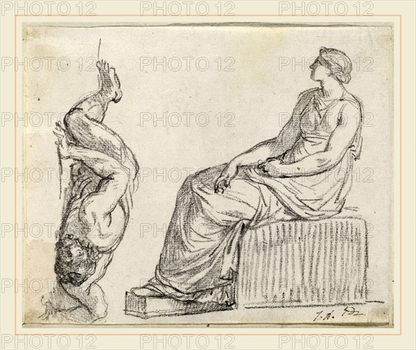 Jacques-Louis David, Seated Woman and Man Sprawling on the Ground, French, 1748-1825, 1775-80, black chalk on laid paper