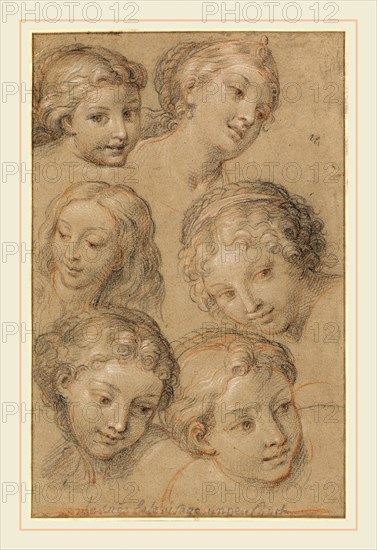 Michel Corneille, Studies of Women's Heads, French, 1642-1708, 1680s or 1690s, black and red chalk heightened with white chalk on light brown laid paper, with later framing line in brown ink