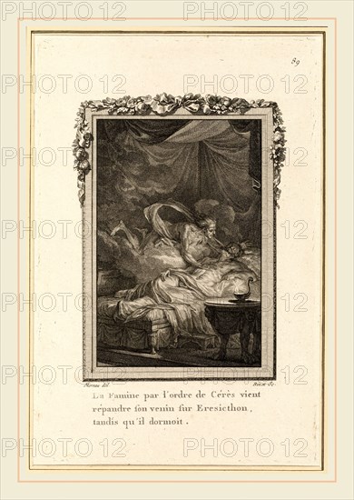 Louis Binet after Jean-Michel Moreau, La Famine par l'ordre de CérÃ¨s vient répandre son venin sur Eresicthon, tandis qu'il dormoit, French, 1744-c. 1800, published 1767-1771, etching and engraving with stipple