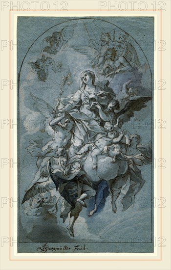 Johann Georg BergmÃ¼ller, German (1688-1762), The Immaculate Conception, c. 1740, pen and brown ink with gray wash, heightened and corrected with white and blue gouache over graphite on blue laid paper