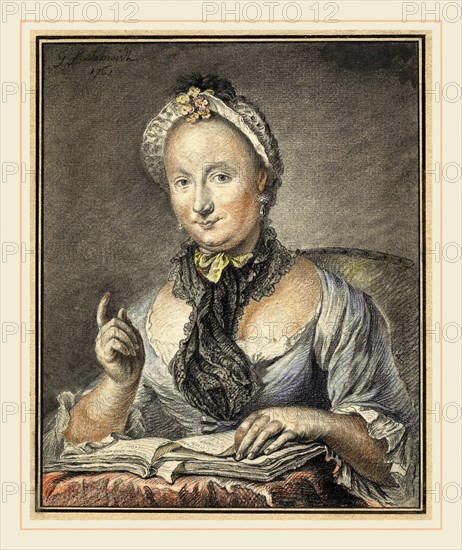Georg Friedrich Schmidt, German (1712-1775), The Artist's Wife with a Book, 1752, black and red chalk with watercolor and pastel on laid paper