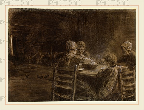 Max Liebermann, German (1847-1935), East Frisian Peasants Eating Supper, 1893, charcoal and black chalk heightened with white on light green wove paper, with later touches of red chalk along the top (recto); charcoal on greenish paper (verso)