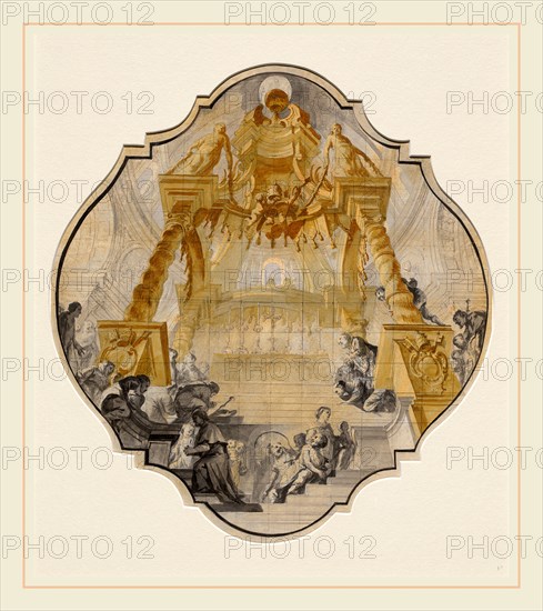 MatthÃ¤us GÃ¼nther, German (1705-1788), Worshippers at the Tomb of Saint Peter, 1740-1741, pen and gray ink and pen and brown ink with gray, yellow, and gold wash, heightened with white and pink, over graphite on gray prepared paper, squared in graphite