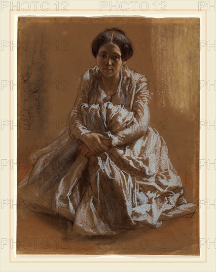 Adolph Menzel, German (1815-1905), The Artist's Sister Emilie, 1851, black chalk and stumping with pastel on brown wove paper, corners pricked