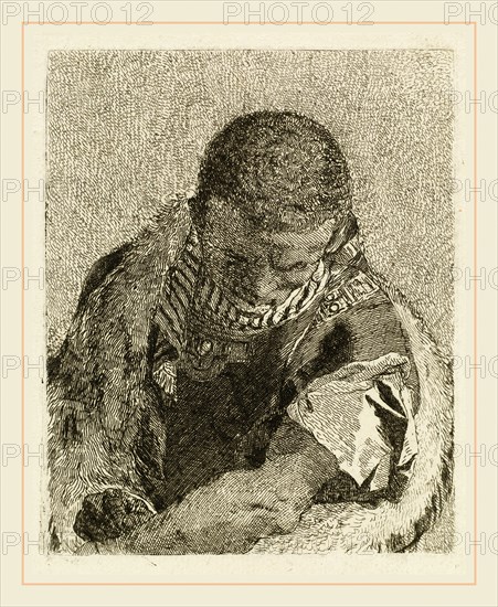 Giovanni Domenico Tiepolo, Italian (1727-1804), Head of a Moor Bending Forward, 1770, etching on laid paper