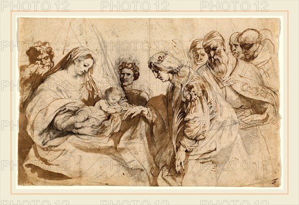 Sir Anthony van Dyck, Flemish (1599-1641), The Mystic Marriage of Saint Catherine, c. 1618, pen and brown ink with brown and gray washes over black chalk on laid paper