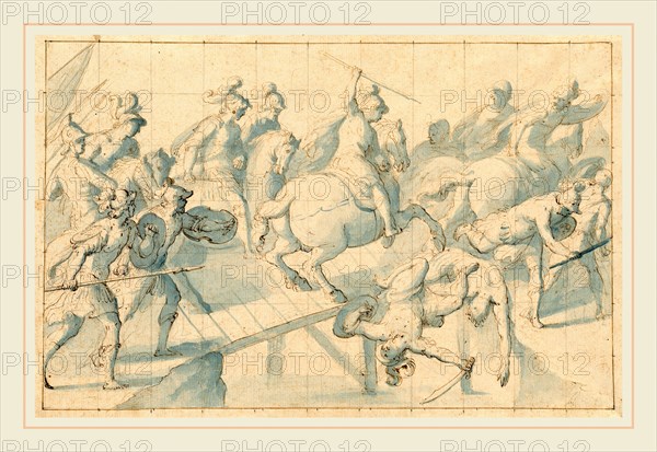 Belisario Corenzio, Italian (1558-1646), A Battle on a Bridge, pen and brown ink with blue wash over black chalk, squared for transfer in black chalk, on laid paper