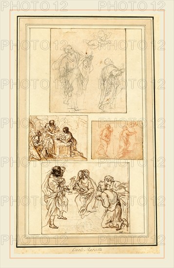 Agostino Masucci, Italian (1691-1758), Studies of Saint Joseph and the Adoration (four sketches mounted on one sheet), album page with four drawings in various media