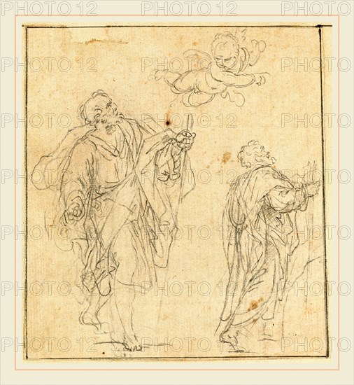 Agostino Masucci, Italian (1691-1758), Two Biblical Figures Guided by a Cherub, black chalk on laid paper