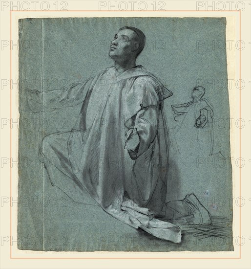 French 19th Century, A Young Priest Kneeling, black chalk heightened with white chalk on blue-gray wove paper