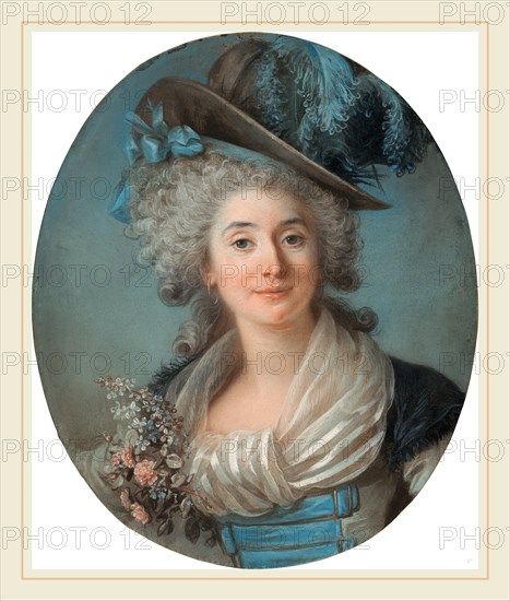 AdélaÃ¯de Labille-Guiard, A Fashionable Noblewoman Wearing a Plumed Hat, French, 1749-1803, c. 1789, pastel on blue laid paper