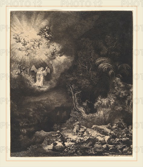 Rembrandt van Rijn, The Angel Appearing to the Shepherds, Dutch, 1606-1669, 1634, etching, burin and drypoint