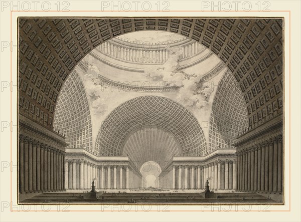 Etienne-Louis Boullée, Perspective View of the Interior of a Metropolitan Church, French, 1728-1799, 1780-1781, pen and black ink with gray and brown wash over graphite on laid paper, with framing line in brown chalk