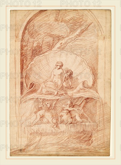Edme Bouchardon, Rocaille Fountain with Venus, Amorini, and Swans, French, 1698-1762, c. 1735, red chalk on 2 joined sheets of laid paper