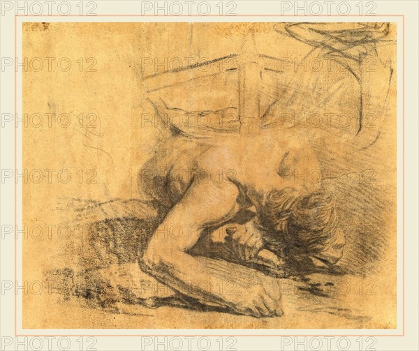 Jean-Baptiste Deshays, Man Reclining on the Ground and the Corner of a Bed [verso], French, 1729-1765, 1758-1765, counterproof in black and white chalks on brown laid paper