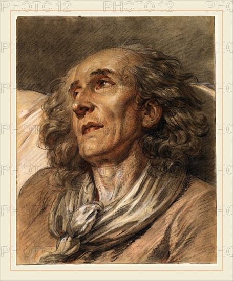 Jean-Baptiste Greuze, Bust of an Old Man, French, 1725-1805, probably 1763, red, black, and white chalks with stumping and erasure on light brown laid paper, with later framing line in dark brown ink