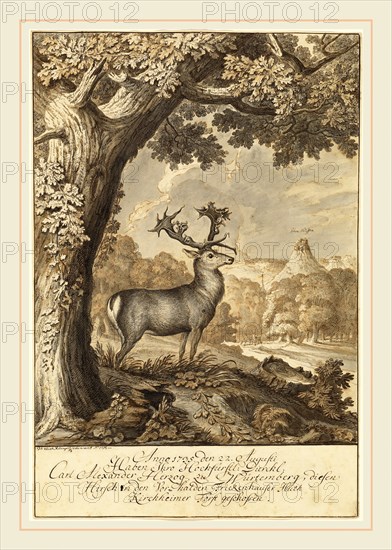 Johann Elias Ridinger, German (1698-1767), A Stag beneath a Mighty Oak, 1735, pen and brown ink with brown and gray wash over graphite on laid paper