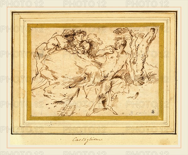 Giovanni Benedetto Castiglione, Italian (1609 or before-1664), Two Nymphs and a Satyr, c. 1640-1647, pen and brown ink on laid paper