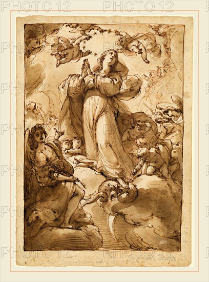 Ubaldo Gandolfi, Italian (1728-1781), The Virgin of the Immaculate Conception, 1768-1778, pen and brown ink with brown wash over red chalk and graphite on laid paper..