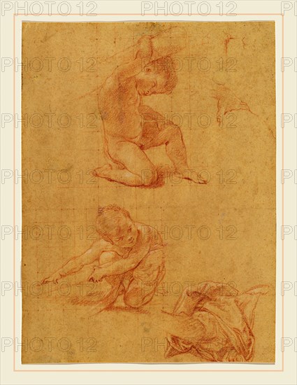 Pompeo Batoni, Italian (1708-1787), Study Sheet with Two Putti, c. 1748, red chalk heightened with white chalk on paper washed ocher, partially squared for transfer in red chalk