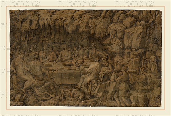 Luca Penni, Italian (1500-1504-1556), The Banquet of Achelous, c. 1545, pen and black ink with brown and blue-gray washes, heightened with white gouache on paper washed light brown