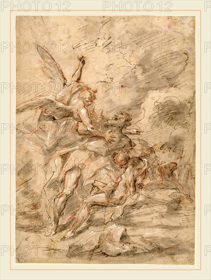 Gaspare Diziani, Italian (1689-1767), The Sacrifice of Isaac, 1750-1755, pen and gray and brown ink with gray wash and graphite over red chalk, heightened with white gouache on laid paper
