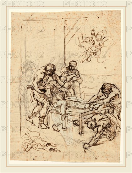 Lodovico Carracci, The Martyrdom of Saint Lawrence, Italian, 1555-1619, pen and brown and gray ink over black chalk on laid paper; with smaller pieces of paper glued on as compositional corrections