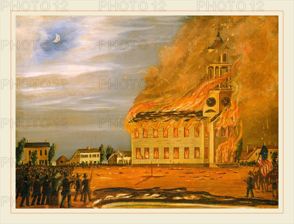 John Hilling, British (1822-1894), Burning of Old South Church, Bath, Maine, c. 1854, oil on canvas