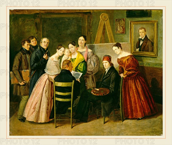 Unknown 19th Century, A Painter and Visitors in a Studio, c. 1835, oil on paper on canvas