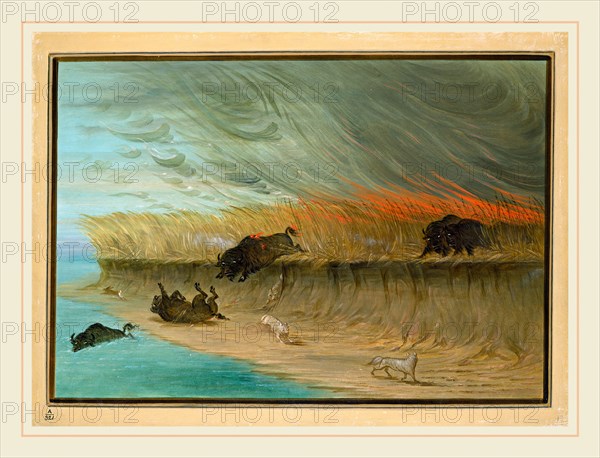 George Catlin, American (1796-1872), Prairie Meadows Burning, 1861-1869, oil on card mounted on paperboard