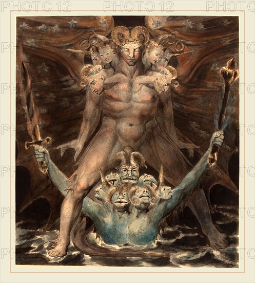 William Blake, British (1757-1827), The Great Red Dragon and the Beast from the Sea, c. 1805, pen and ink with watercolor over graphite