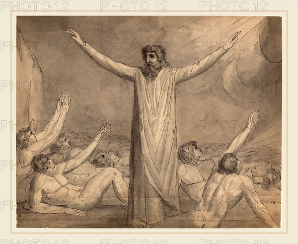 William Blake, British (1757-1827), Moses Staying the Plague (?) [recto], c. 1780-1785, pen and ink with wash on two joined sheets
