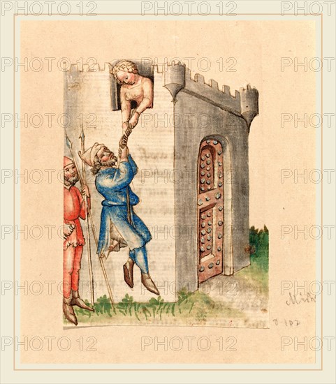 Austrian 15th Century, Woman Suspending Man from Tower, c. 1420-1430, pen and ink with watercolor; fragment from Bible MS (German text on image verso); image cut in silhouette and mounted on backing sheet