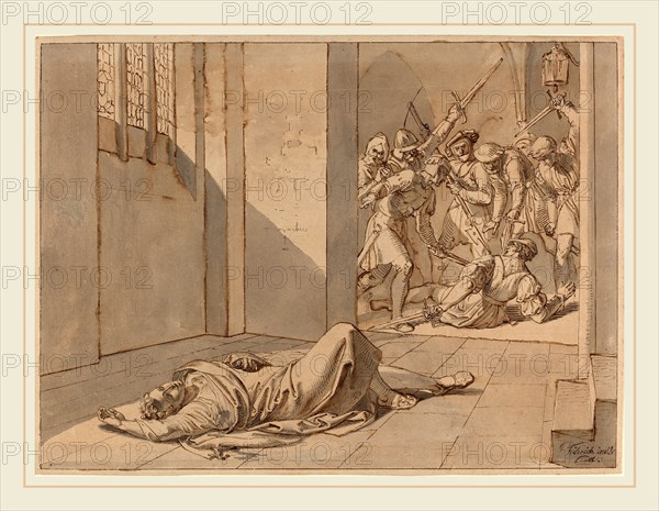 Josef von FÃ¼hrich, Austrian (1800-1876), The Assassination of King Wenzel III, pen and black ink with gray and light brown wash