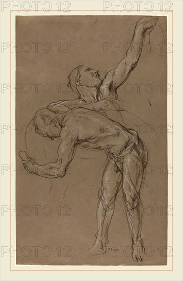 Charles Hazelwood Shannon, Two Male Figures: Study for "The Good Samaritan", British, 1863-1937, 1918, black and white chalk on gray laid paper